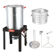 Feasto front view of pot and lid showing durable aluminum and clear labeling for dependable outdoor cooking