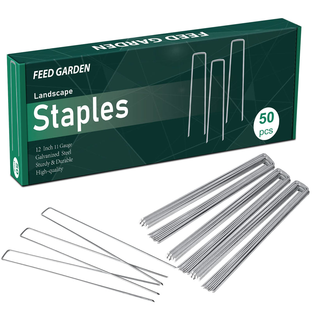 FEED GARDEN front pack of 100 galvanized 12-inch staples showing quantity and finish