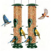 FEED GARDEN front view of 13" tube feeder showing six ports and metal lid, attracts small songbirds
