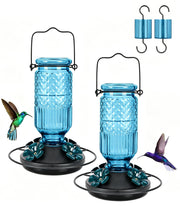 FEED GARDEN front view blue glass feeder showing elegant shape and easy hanging