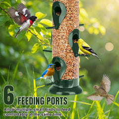 FEED GARDEN close-up of six metal ports and 1.4" perches for small-bird landings