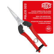 FELCO F322 front angle view highlighting curved blade and handles for precise cutting