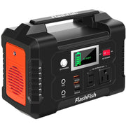 FF FLASHFISH front view showing AC outlet and carry handle for portable convenience