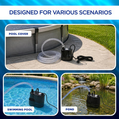 FibroPool pump sitting on pool cover removing standing water quickly benefit