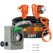 Ficstar front view of inlet box and 25ft cord showing easy installation