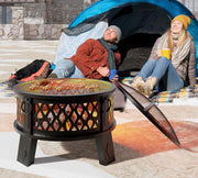 Fire Beauty front view showing full assembled fire pit and grill benefits