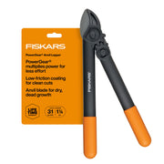 Fiskars 15" anvil lopper front view showing whole tool and cutting head benefit: easy leverage