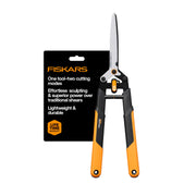 Fiskars 25-inch hedge shears front view showing balanced reach and control
