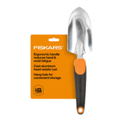 Fiskars trowel front view showing blade and handle, durable digging benefit