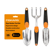 Fiskars front packaging showing the three-piece garden tool set and clear benefits
