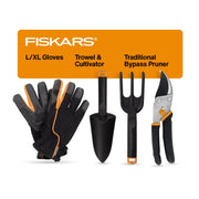 Fiskars front packaging and tools displayed, shows complete starter set benefits