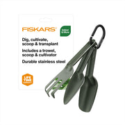 Fiskars front packaging showing three-piece indoor gardening set and compact storage benefit