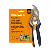 Fiskars front view of pruning shears showing durable construction and lifetime warranty