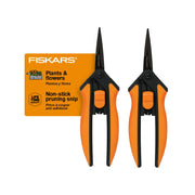 Fiskars front packaging showing two pruning snips and benefits
