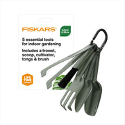 Fiskars front view of five-piece set showing organized tools and benefits