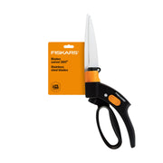Fiskars front view of shears showing compact design and packaging for convenient storage