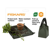 Fiskars front view of planted mat packaging showing features and size benefits