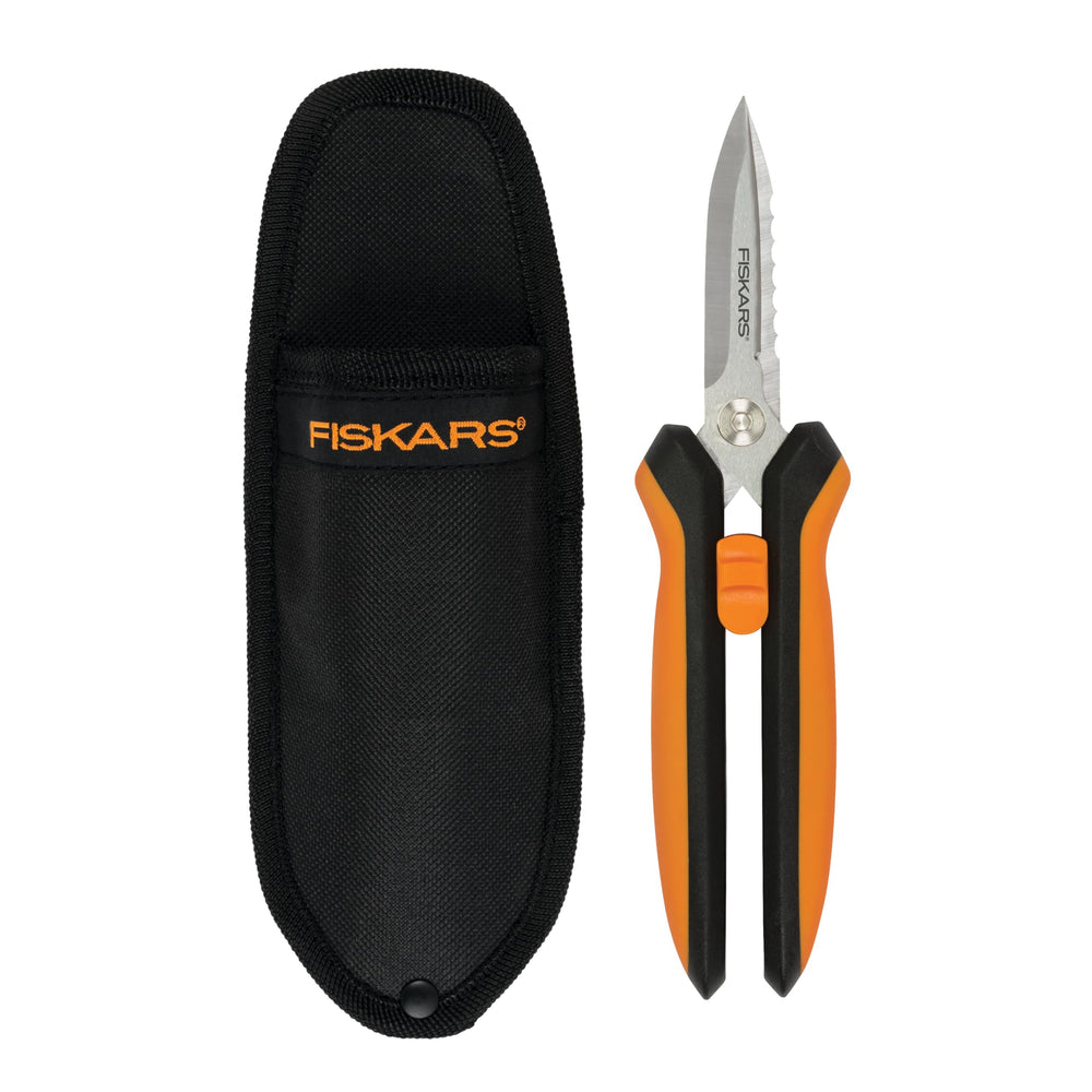Fiskars front view showing shears and sheath, clear product presentation