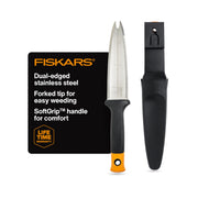 Fiskars hori hori front view showing full blade and handle for versatile tasks