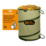 Fiskars kangaroo front view showing full 30-gallon opening and stable spring frame