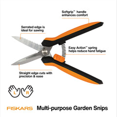 Fiskars serrated edge detail, saws twine and fibrous materials easily