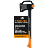 Fiskars X15 front view showing compact axe head for controlled cuts