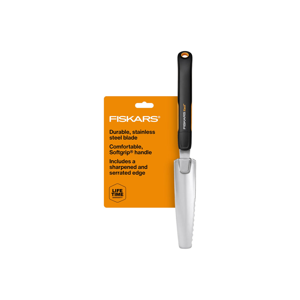 Fiskars Xact front view showing long blade and SoftGrip handle for precise weeding