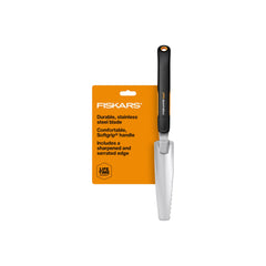 Fiskars Xact front view showing long blade and SoftGrip handle for precise weeding