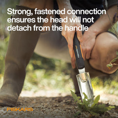 Fiskars Xact in use by gardener extracting a deep-rooted weed with control