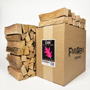 FiveOaks Firewood front box showing compact oak splits and portability benefit