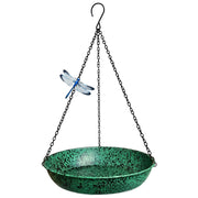 FKKsparkler front view showing green hanging bird bath and feeder, attracts birds