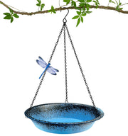 FKKsparkler front view of blue hanging bird bath showing bowl and chains, attractive focal point