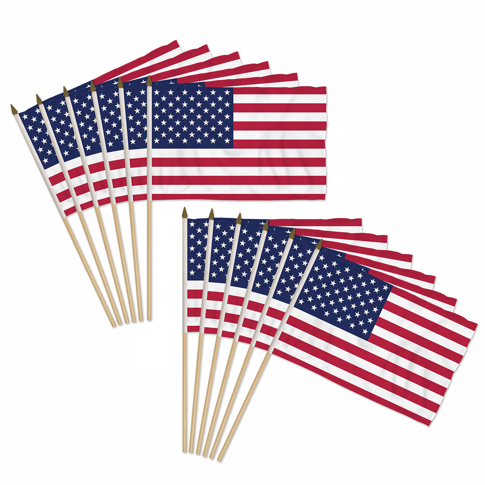 Flags Importer front packaging showing 12-pack stick flags, clear group impact