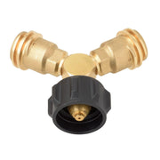 Flame King front view of Y splitter showing dual outlets and QCC connector for convenience