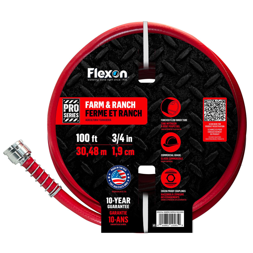 Flexon front packaging view showing full 100ft hose, durable and ready