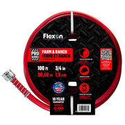 Flexon front packaging view showing full 100ft hose, durable and ready
