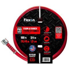 Flexon front packaging view showing full 100ft hose, durable and ready
