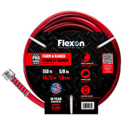Flexon front packaging showing full red hose, durable and ready for heavy-duty use