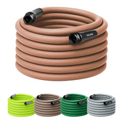 Flexzilla front view showing red clay hose and packaging, highlights durability