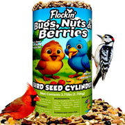 Flockin' front packaging view showing berries and nuts, attracts more birds
