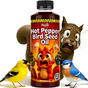 Flockin' bottle front label showing product and benefit of squirrel deterrence