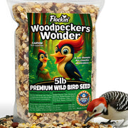 Flockin' front packaging showing 5 lb bag, attracts woodpeckers