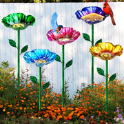 FLYVOLE front view of five-piece metal flower bird baths showing colorful set and benefit