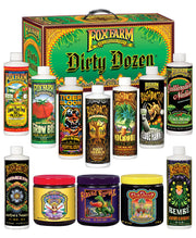 FoxFarm Dirty Dozen front packaging showing all twelve bottles, clear kit benefits