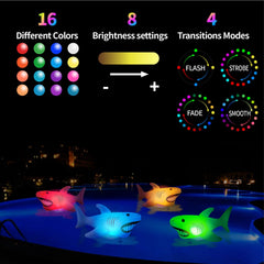 Foxgor shark floating in pool at night with vivid RGB lighting