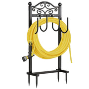 Freexployer front view of freestanding hose holder showing neat storage benefit