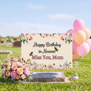 Frienda front view of happy birthday in heaven sign showing clear message and comforting design