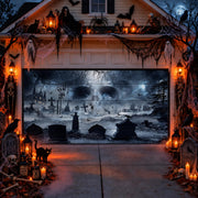 Frienda garage cover front view showing graveyard scene and bats, boosts curb appeal