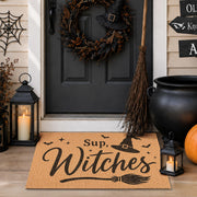 Fttoyoly front view of Sup Witches door mat showing welcome design and curb appeal