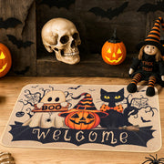 Fttoyoly front view of Halloween mat showing ghost pumpkin cat, bright curb appeal